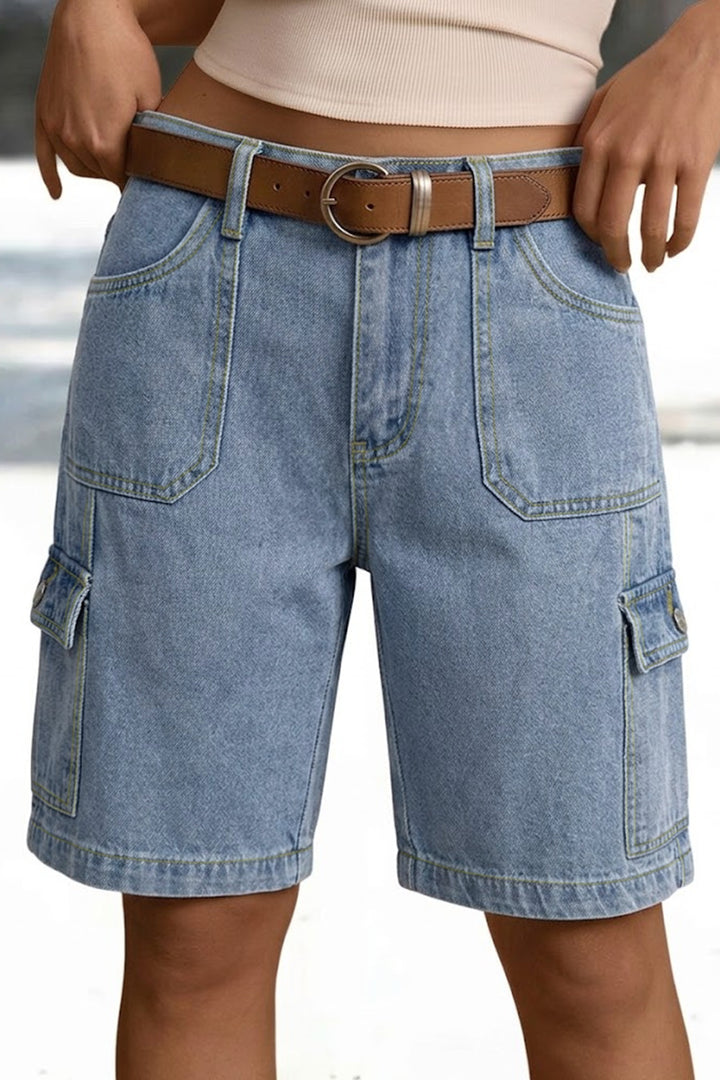 Vintage-wash denim utility shorts