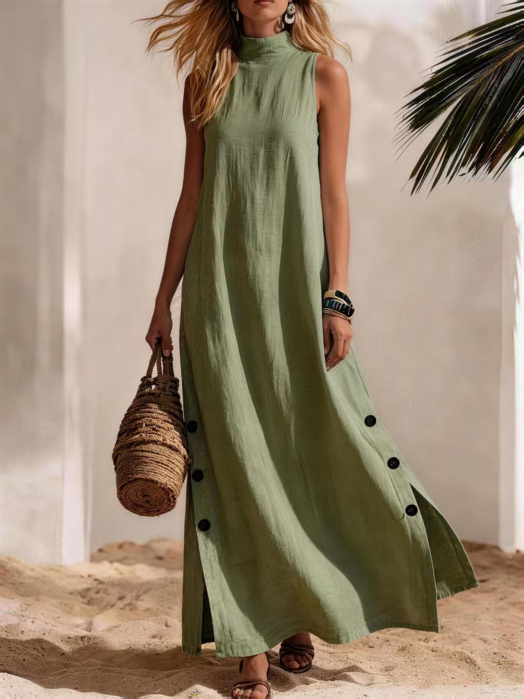 Solid-color cotton-linen dress with side slits