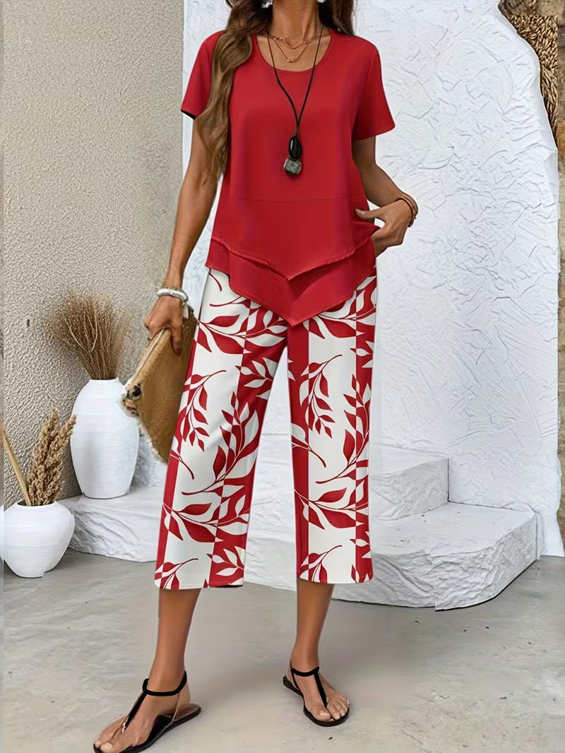 Two-layer short-sleeve and wide-leg pant set