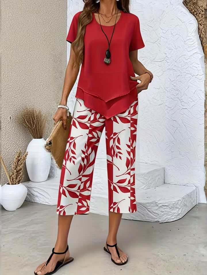Two-layer short-sleeve and wide-leg pant set