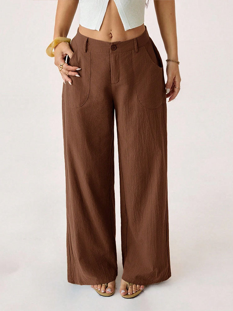 Mid-waisted straight-leg cotton-linen wide-leg pants