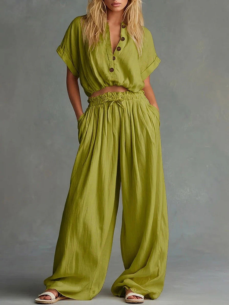 Casual Solid Color Loose Short Sleeve Top &amp; Long Pants Two Piece Set