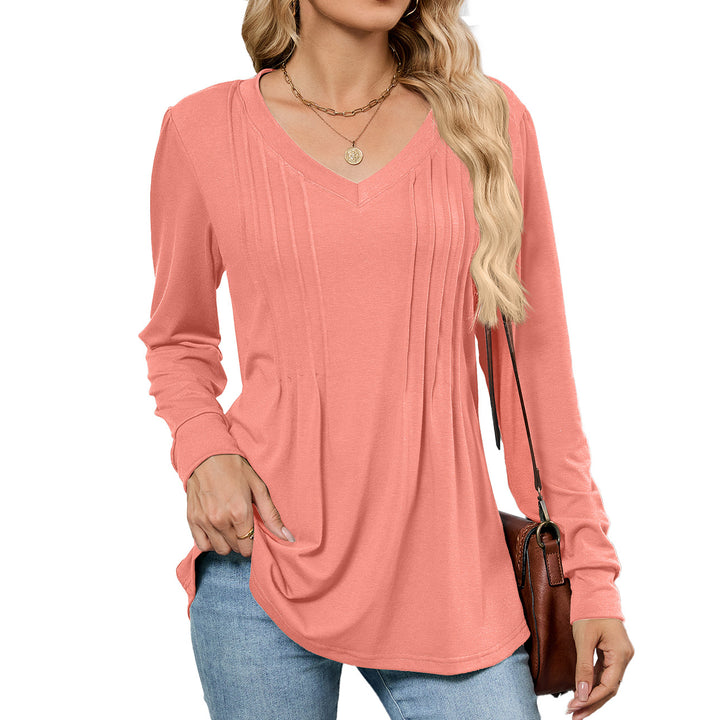 V-neck loose long-sleeved T-shirt top