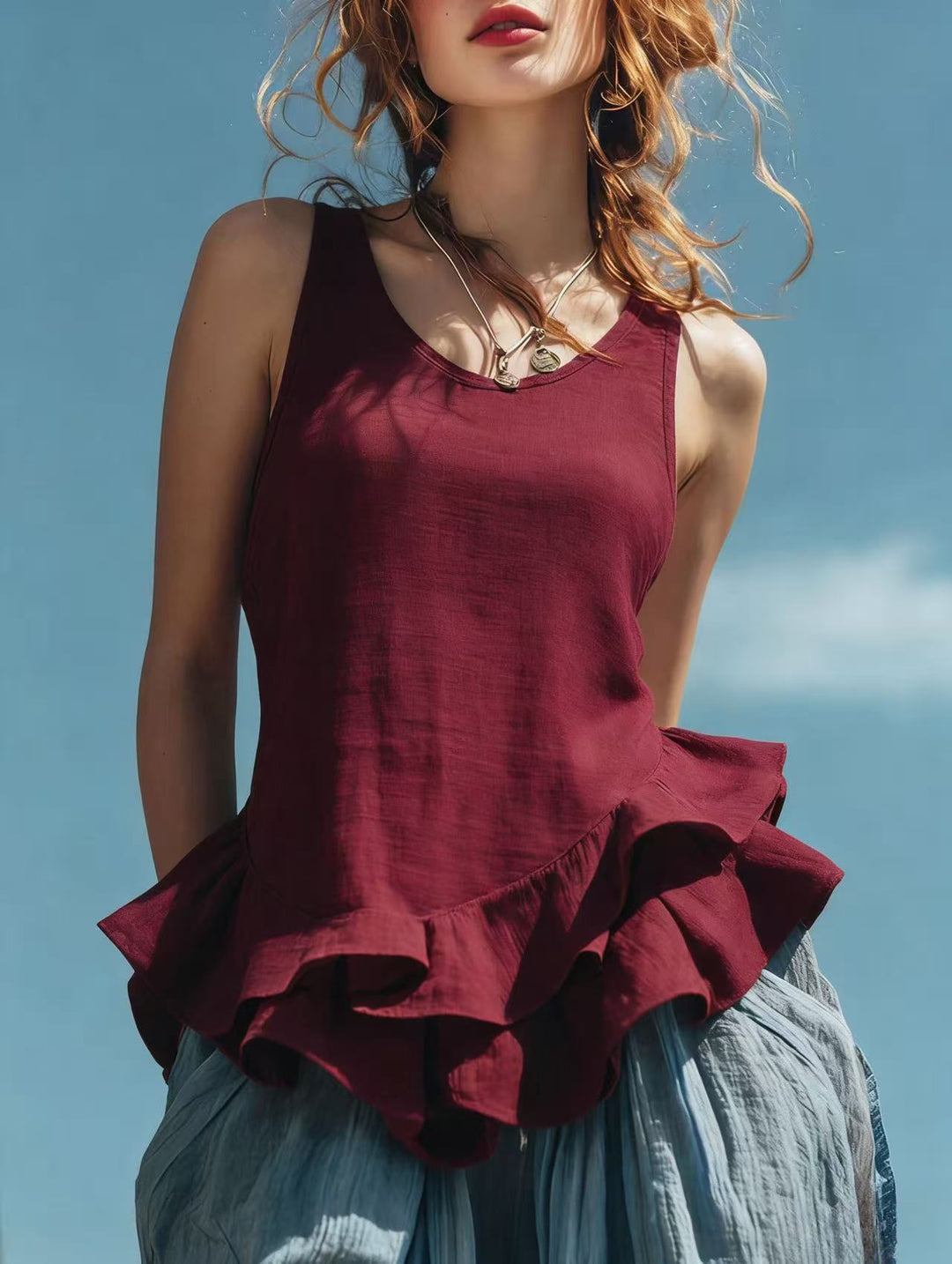 Women’s Sleeveless Ruffle Hem Cotton Linen Top