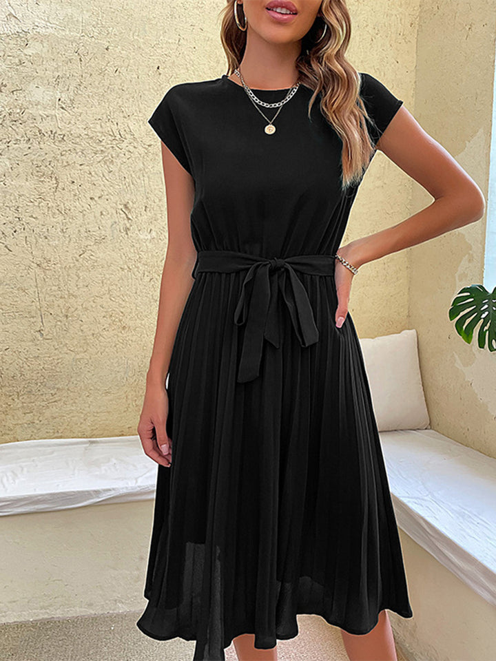Tie Small Flutter Sleeves Pleated Casual Dress