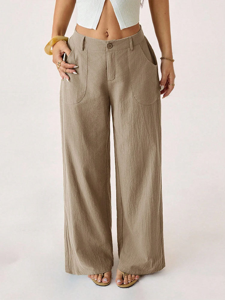 Mid-waisted straight-leg cotton-linen wide-leg pants