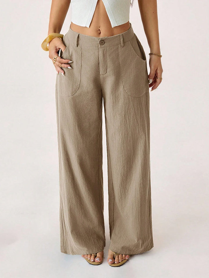 Mid-waisted straight-leg cotton-linen wide-leg pants
