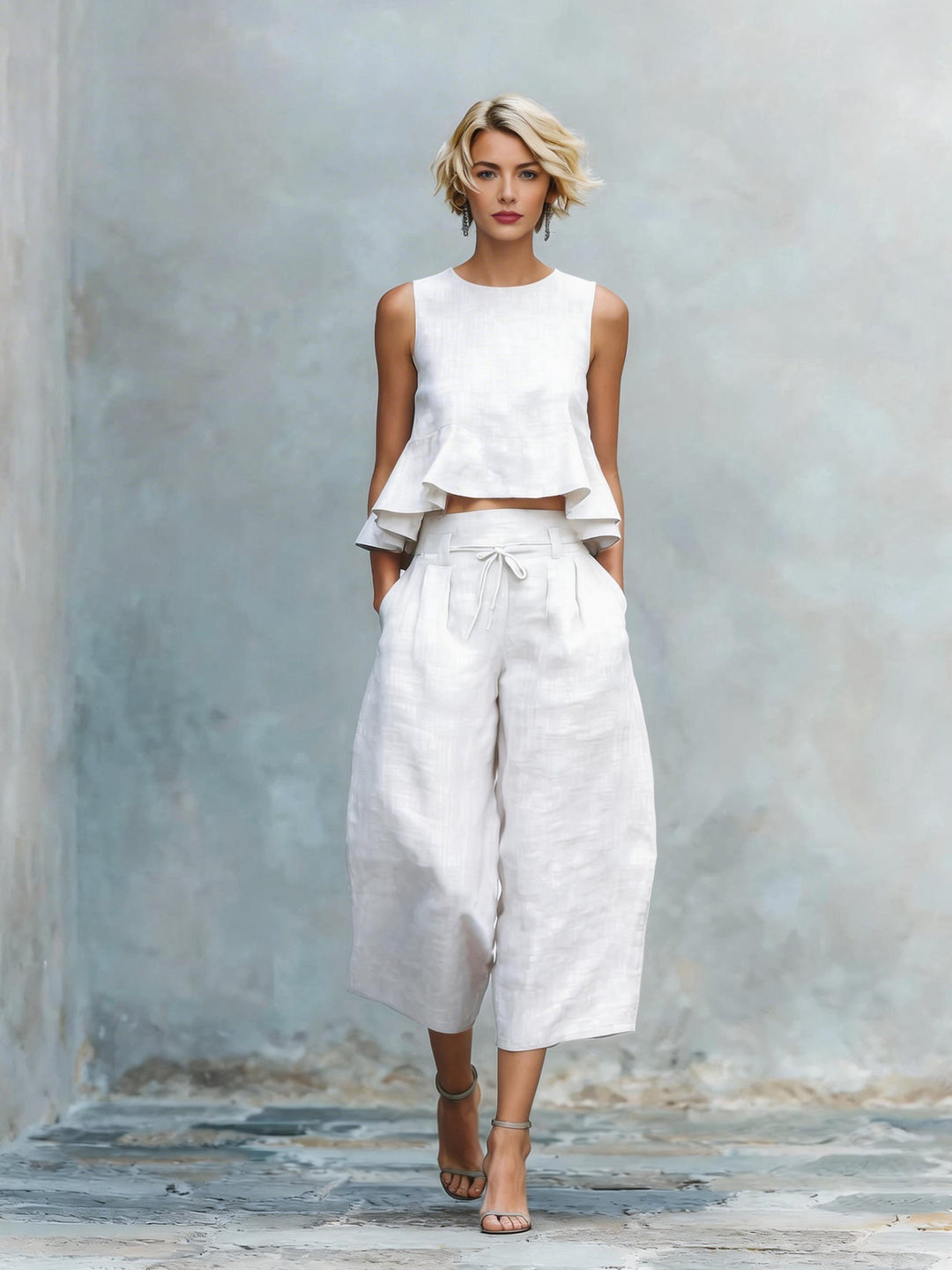 Linen-blend ruffled two-piece set