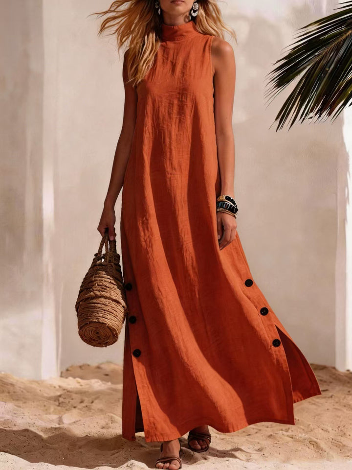 Solid-color cotton-linen dress with side slits