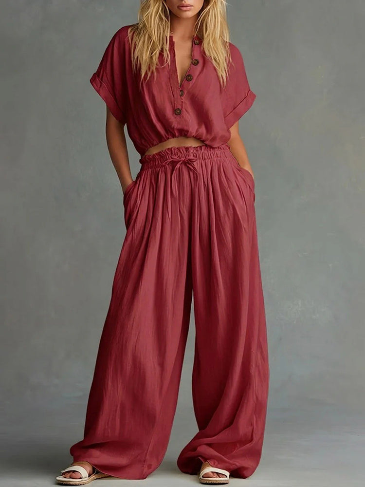 Casual Solid Color Loose Short Sleeve Top &amp; Long Pants Two Piece Set