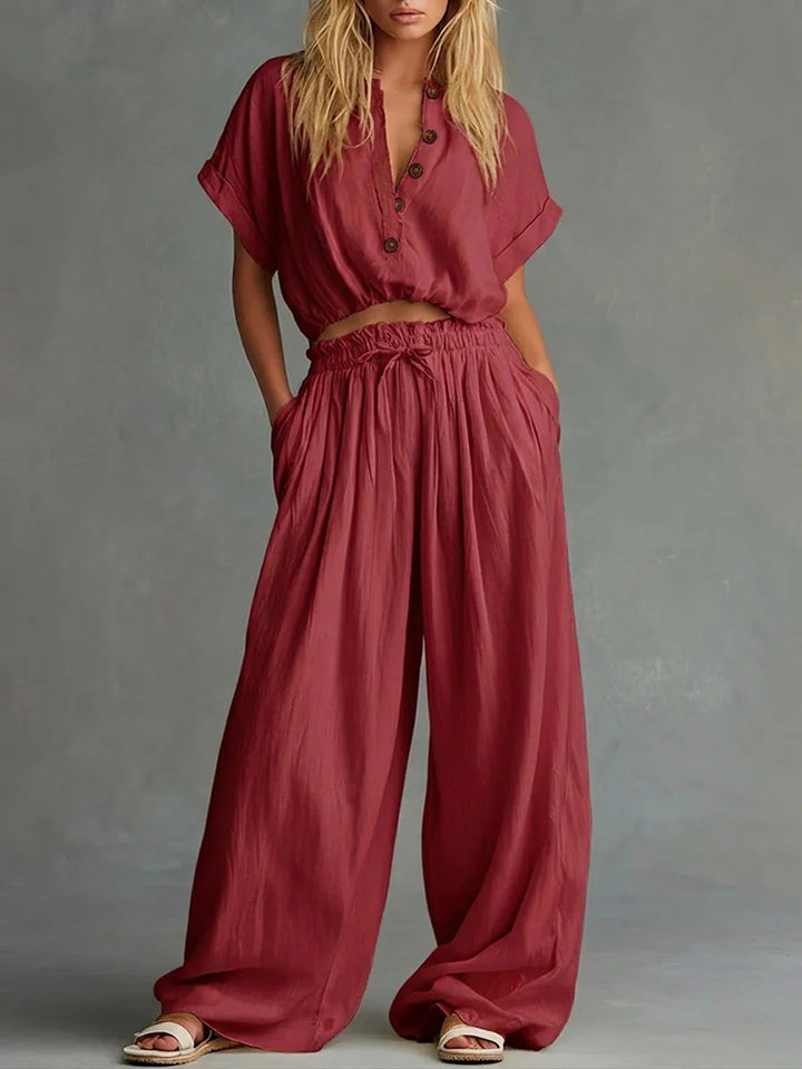 Casual Solid Color Loose Short Sleeve Top &amp; Long Pants Two Piece Set
