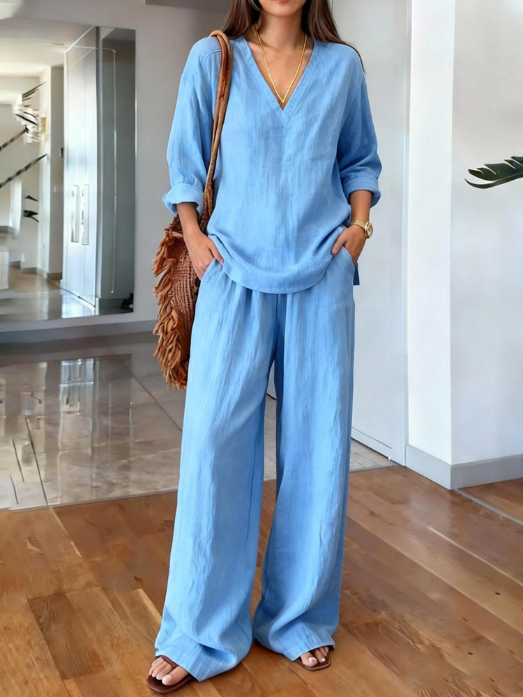V-neck long-sleeve pullover and long pants set