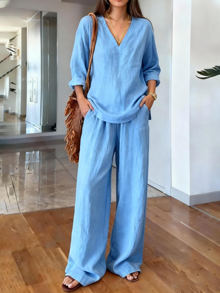 V-neck long-sleeve pullover and long pants set
