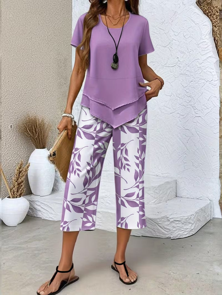 Two-layer short-sleeve and wide-leg pant set