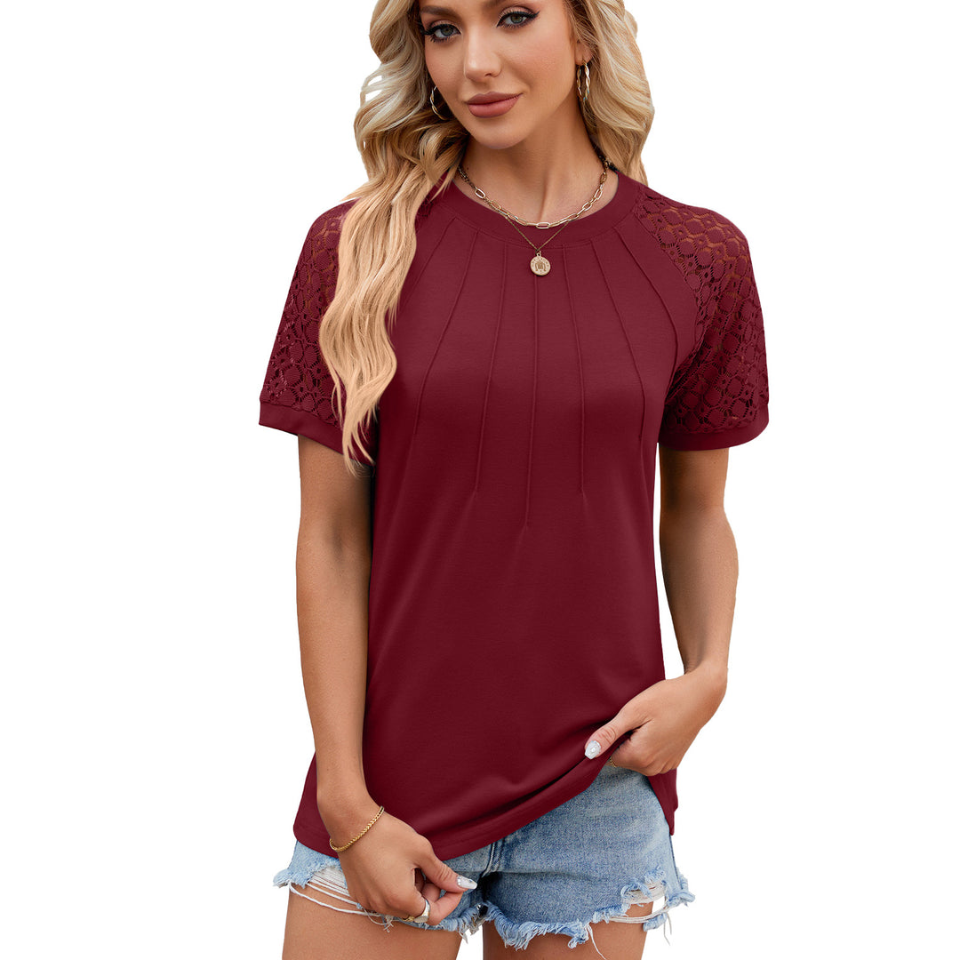 Solid color round neck short-sleeved T-shirt with lace trim