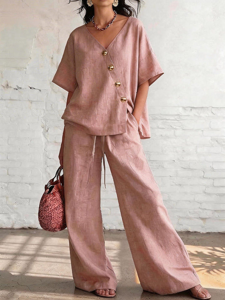Short-sleeved diagonally buttoned top and drawstring wide-leg pants set