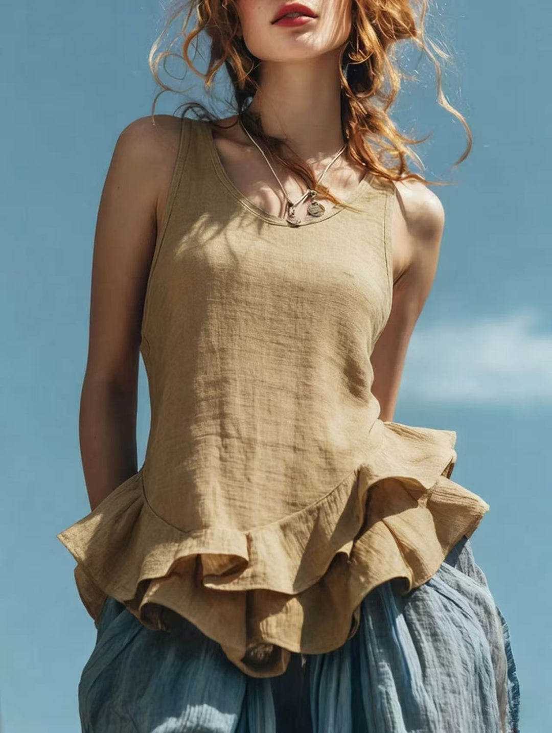 Women’s Sleeveless Ruffle Hem Cotton Linen Top
