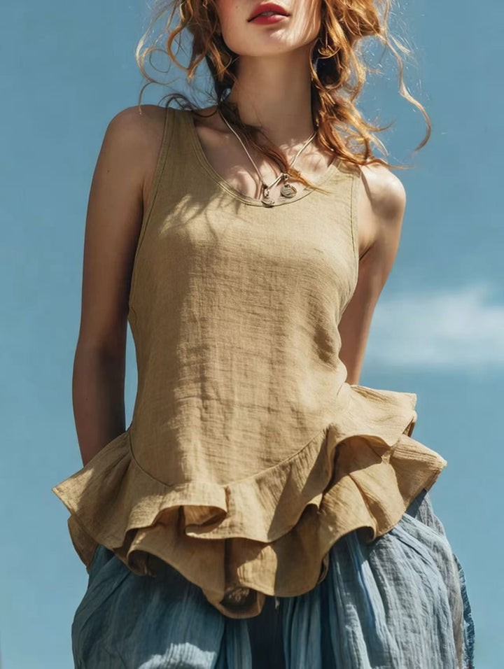 Women’s Sleeveless Ruffle Hem Cotton Linen Top