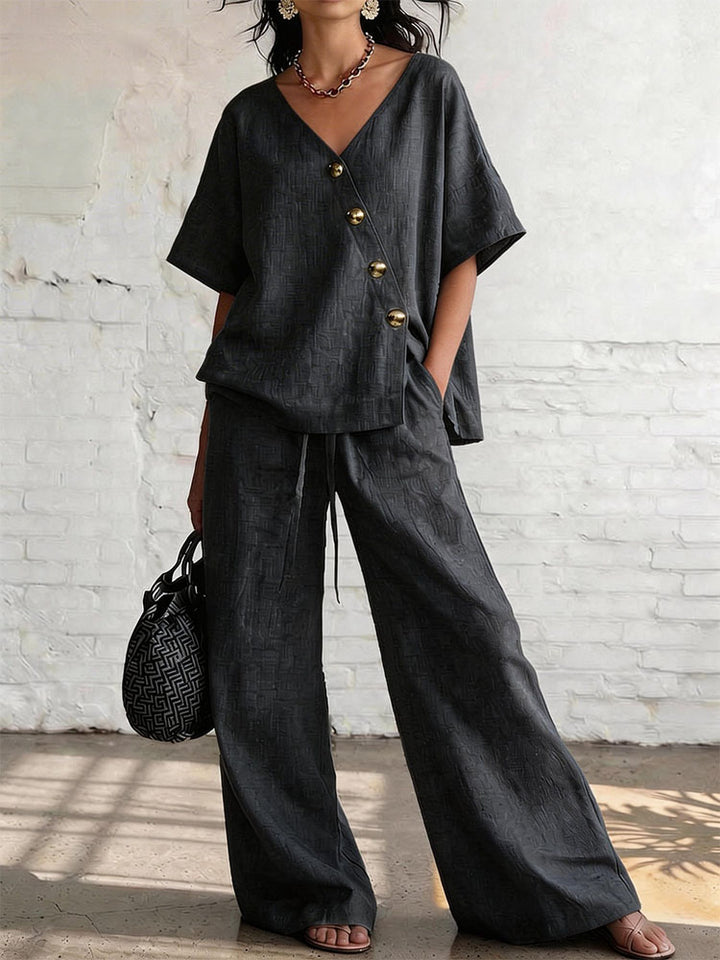 Short-sleeved diagonally buttoned top and drawstring wide-leg pants set
