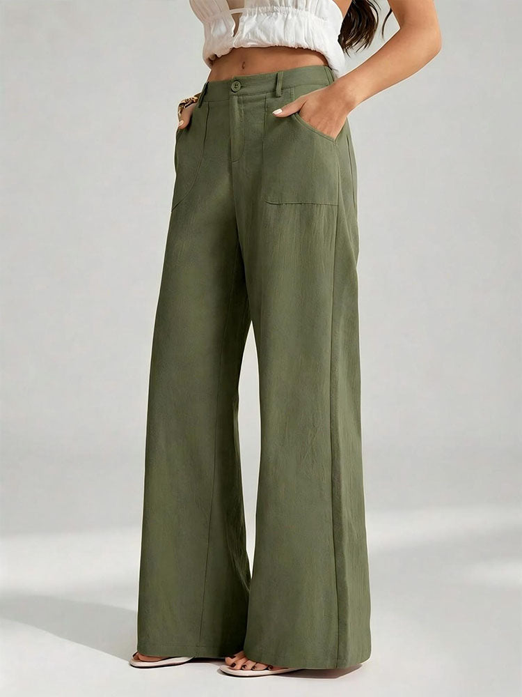 Mid-waisted straight-leg cotton-linen wide-leg pants