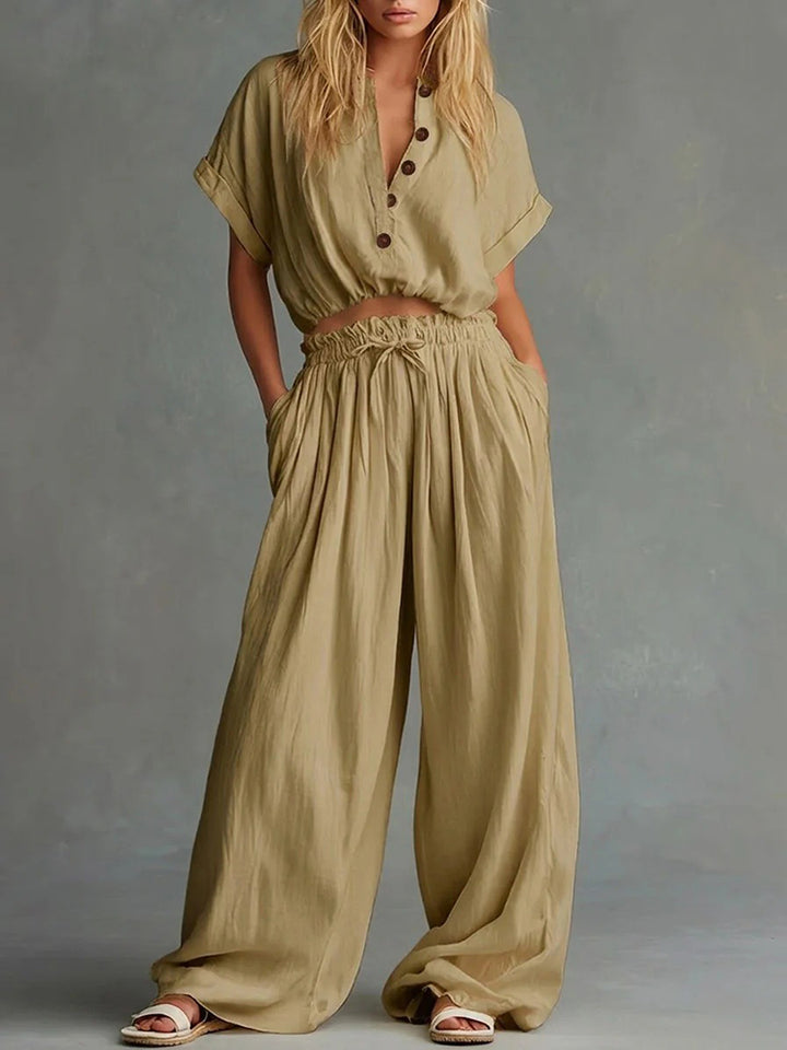 Casual Solid Color Loose Short Sleeve Top &amp; Long Pants Two Piece Set