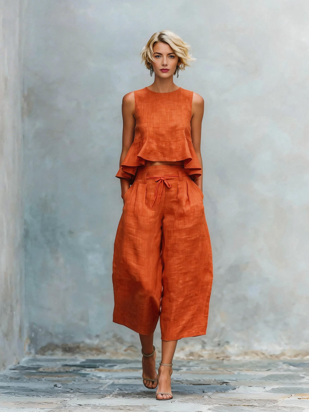 Linen-blend ruffled two-piece set