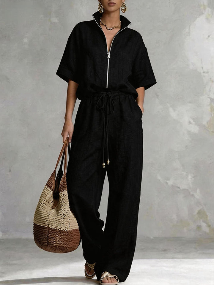 Half-zip stand-up collar top and wide-leg pants suit