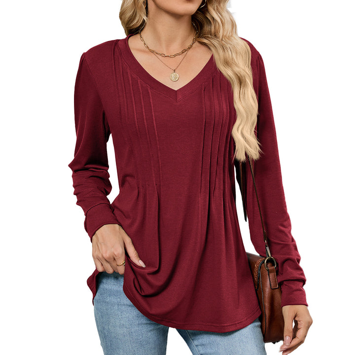 V-neck loose long-sleeved T-shirt top