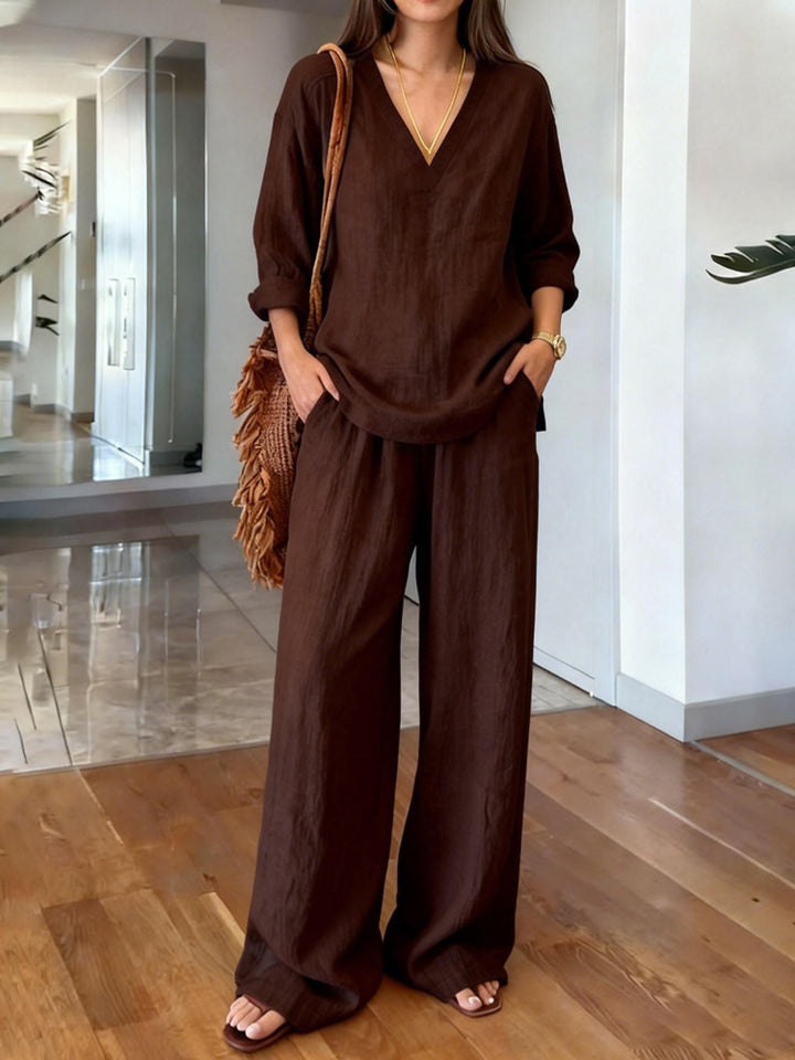 V-neck long-sleeve pullover and long pants set