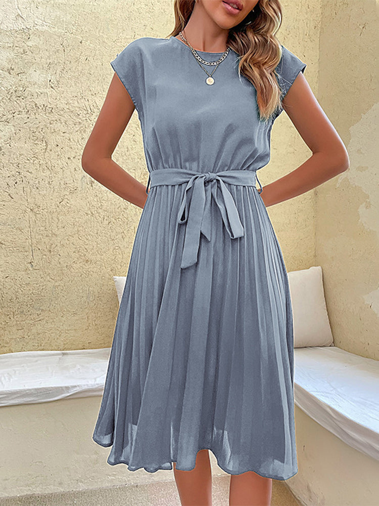 Tie Small Flutter Sleeves Pleated Casual Dress