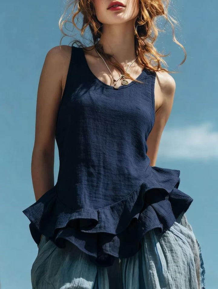 Women’s Sleeveless Ruffle Hem Cotton Linen Top