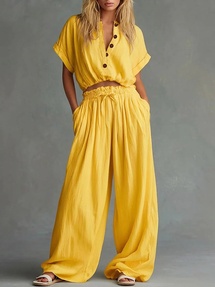 Casual Solid Color Loose Short Sleeve Top &amp; Long Pants Two Piece Set
