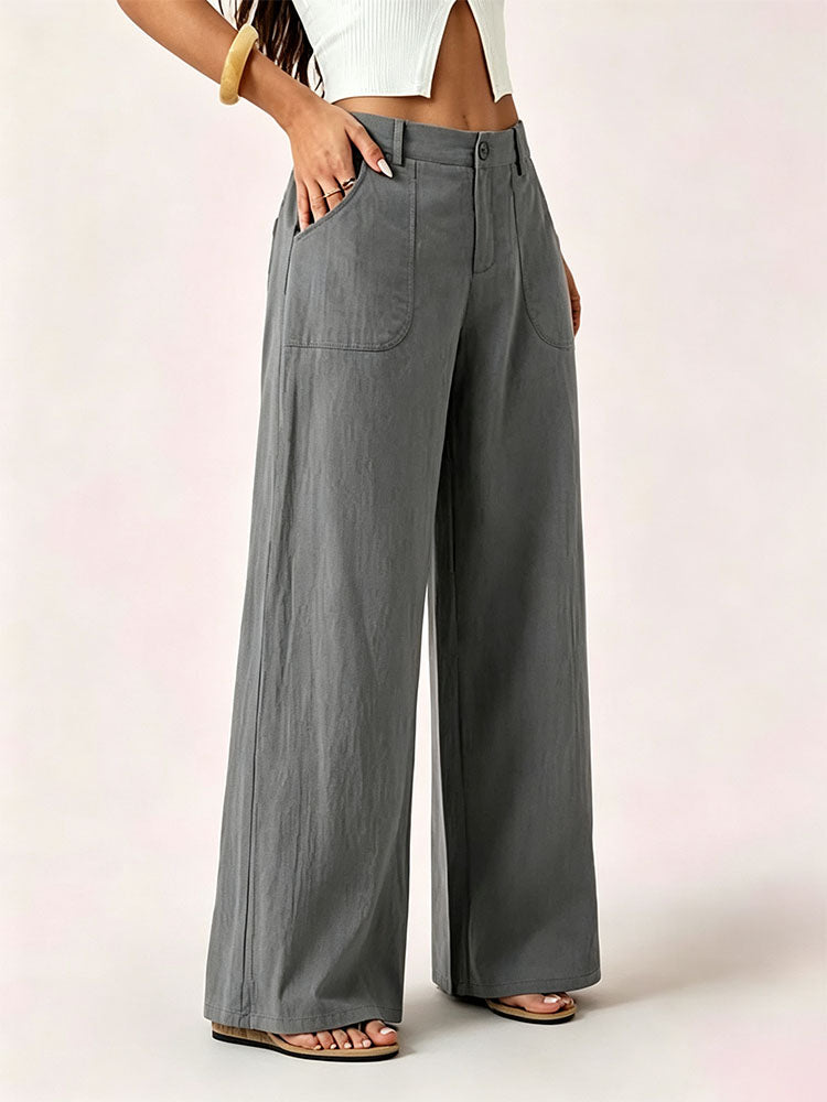 Mid-waisted straight-leg cotton-linen wide-leg pants