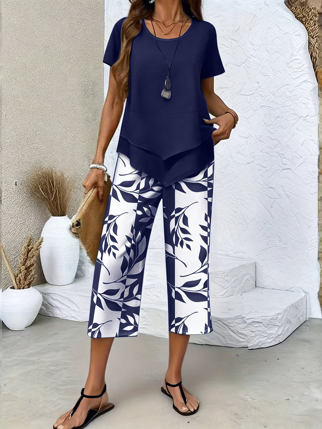Two-layer short-sleeve and wide-leg pant set