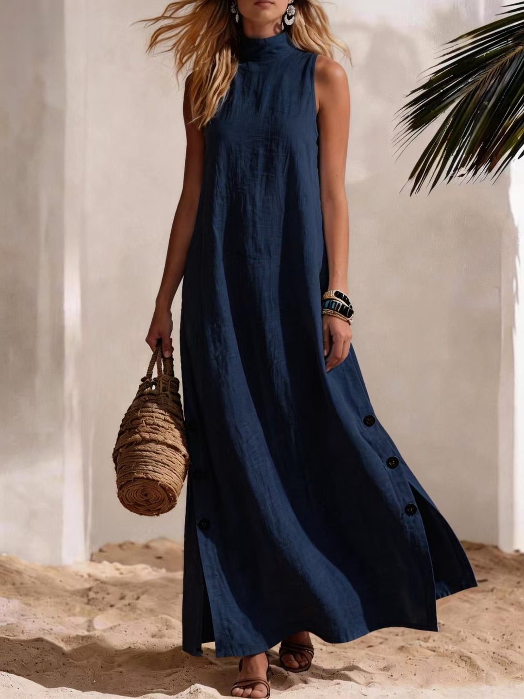 Solid-color cotton-linen dress with side slits