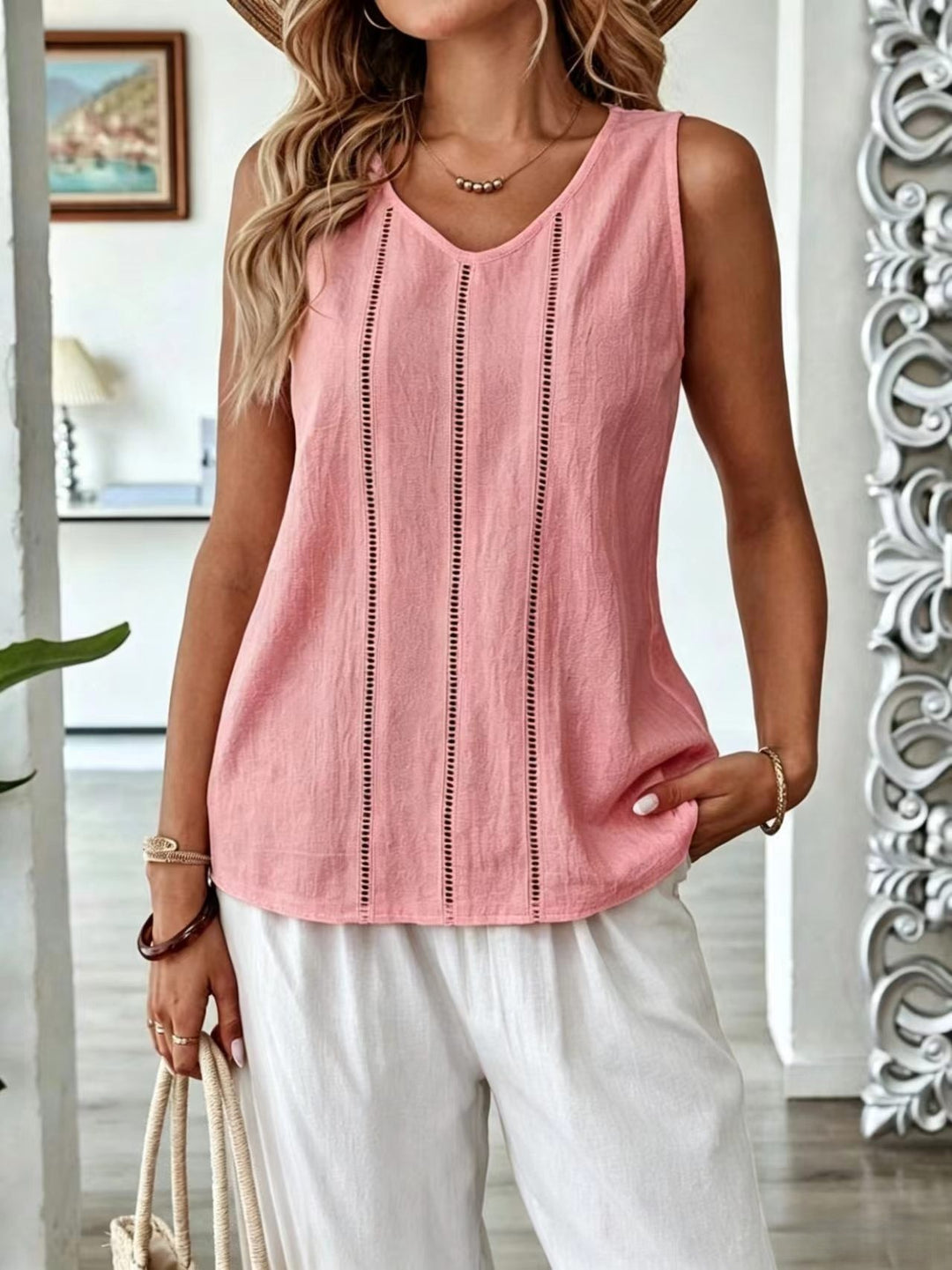 Solid Cotton Linen Lace Hollow Sleeveless Women Casual Summer Vest