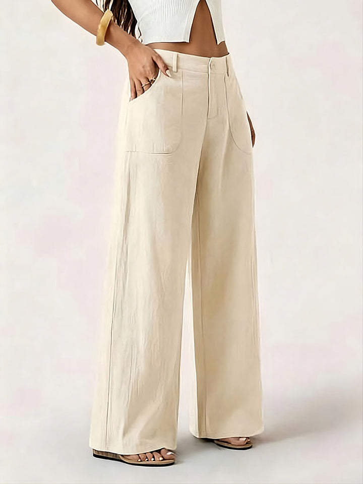 Mid-waisted straight-leg cotton-linen wide-leg pants