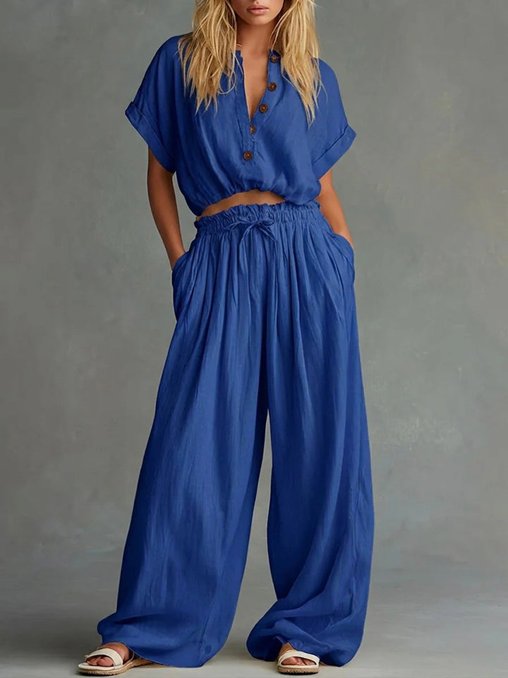 Casual Solid Color Loose Short Sleeve Top &amp; Long Pants Two Piece Set
