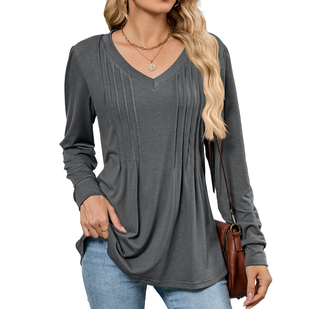 V-neck loose long-sleeved T-shirt top