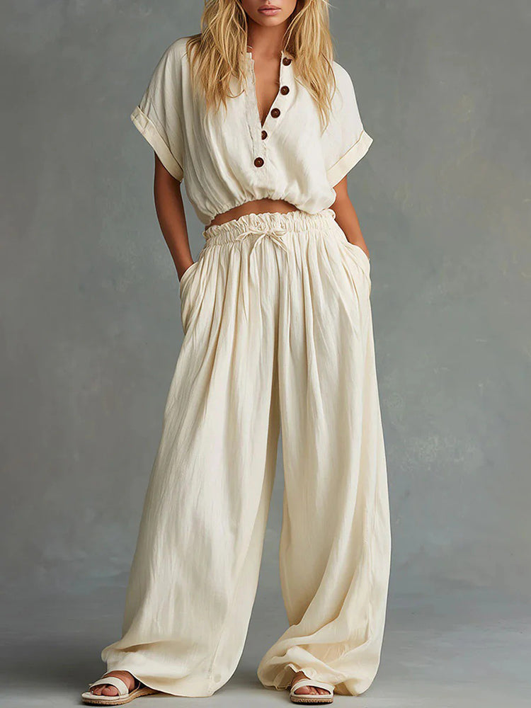 Casual Solid Color Loose Short Sleeve Top &amp; Long Pants Two Piece Set