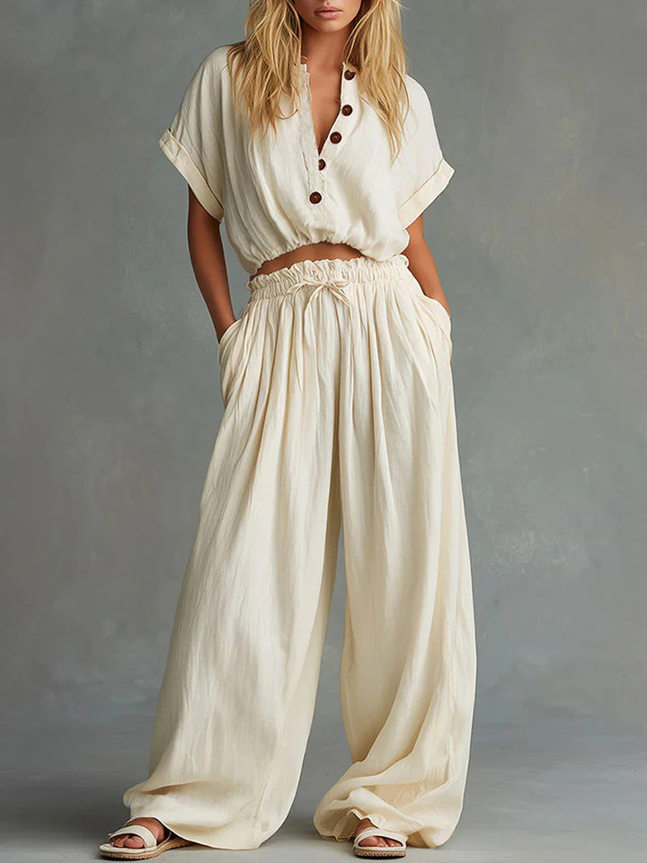 Casual Solid Color Loose Short Sleeve Top &amp; Long Pants Two Piece Set