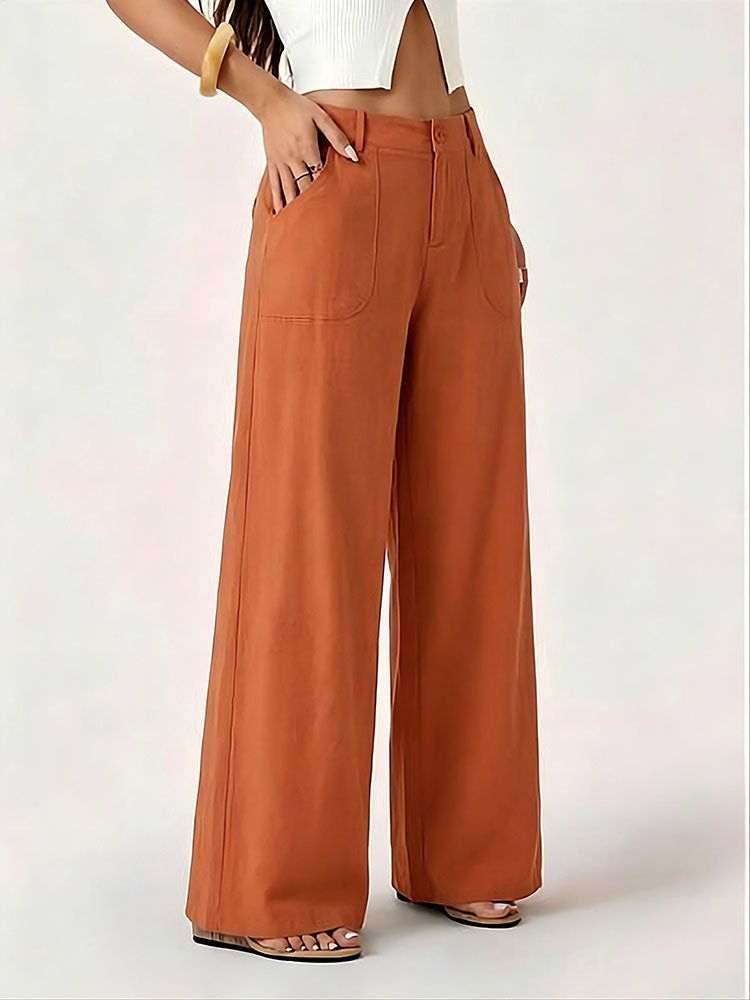 Mid-waisted straight-leg cotton-linen wide-leg pants