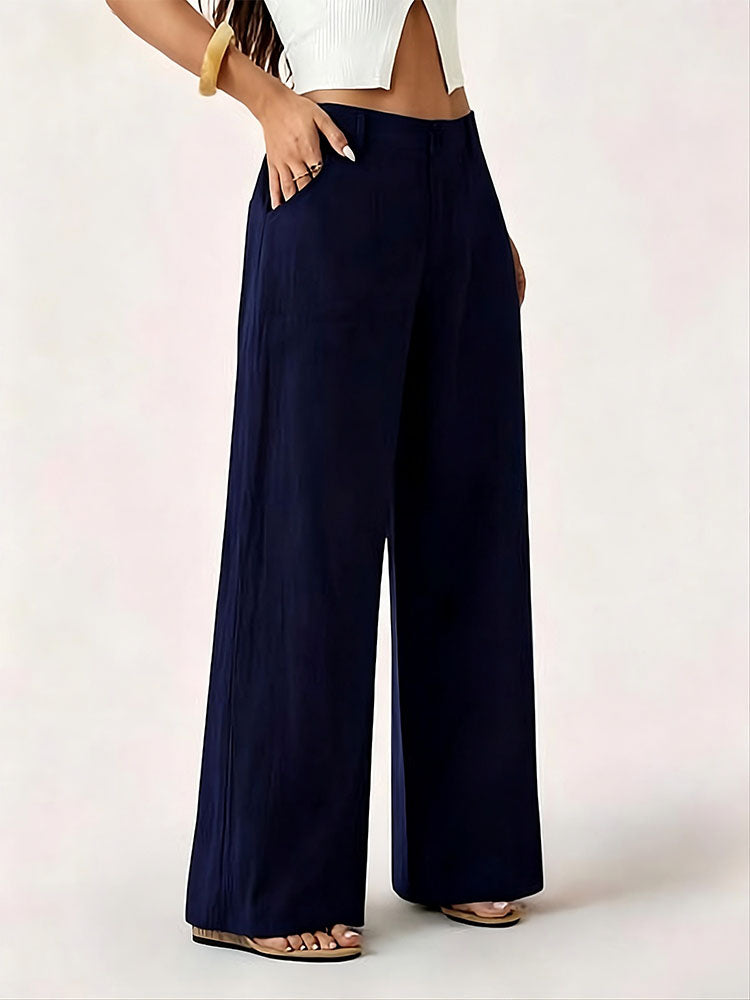 Mid-waisted straight-leg cotton-linen wide-leg pants