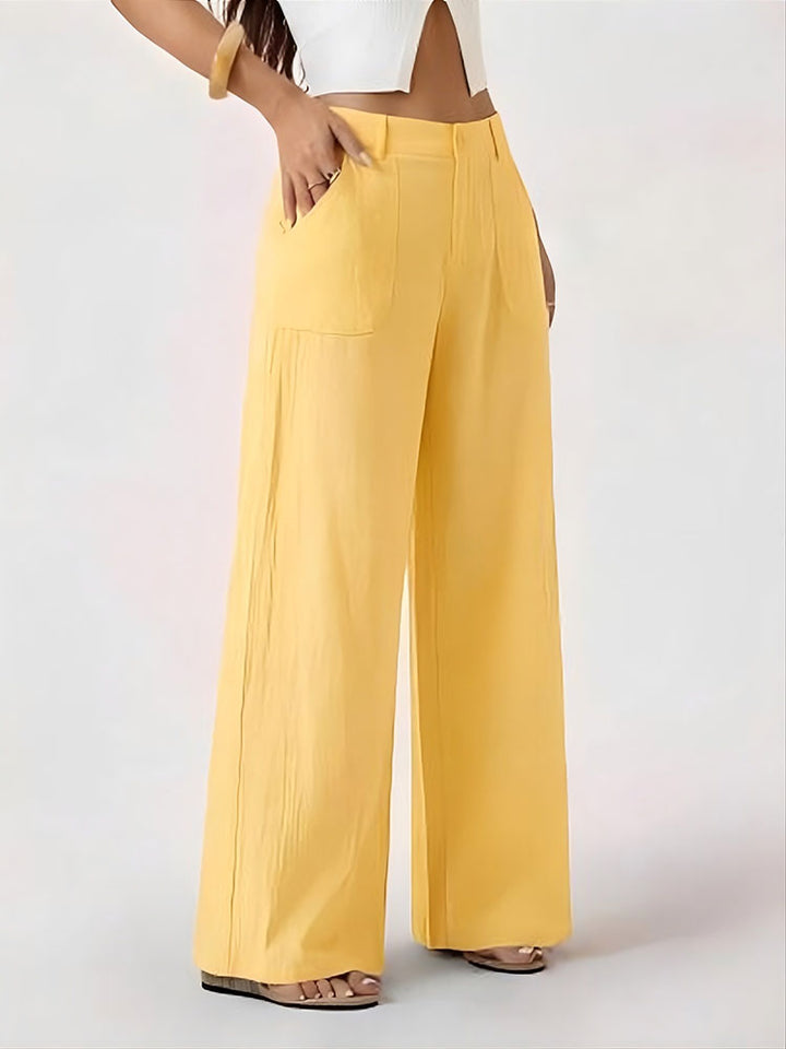 Mid-waisted straight-leg cotton-linen wide-leg pants