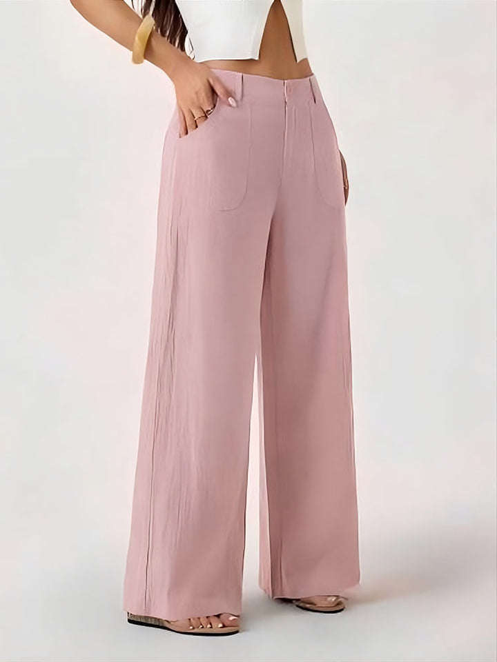 Mid-waisted straight-leg cotton-linen wide-leg pants