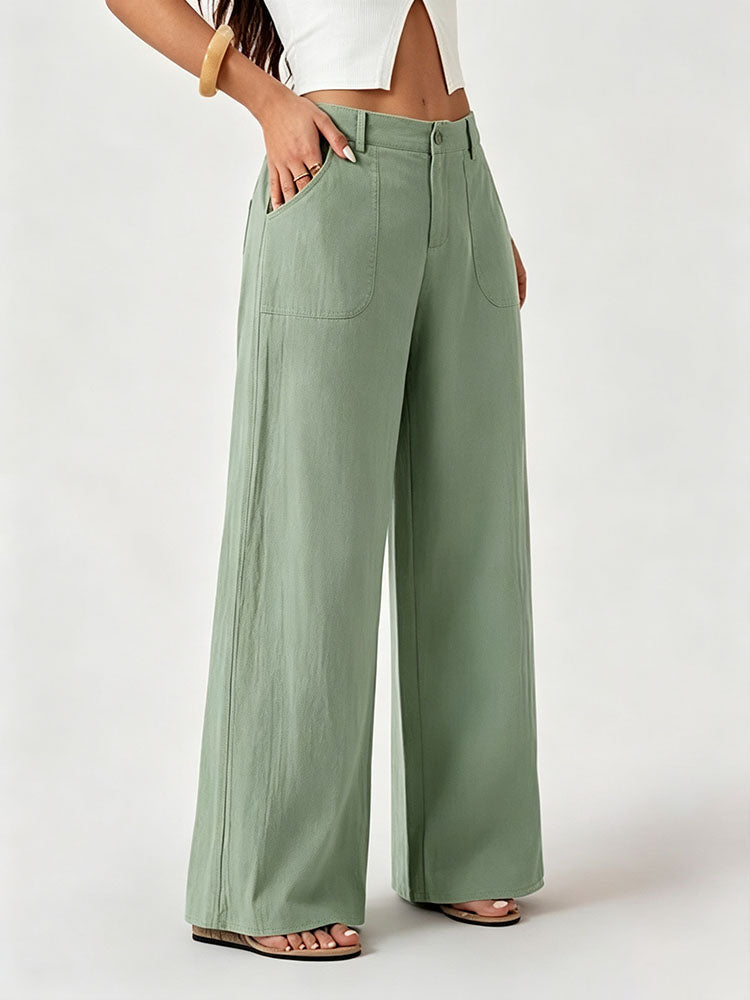 Mid-waisted straight-leg cotton-linen wide-leg pants