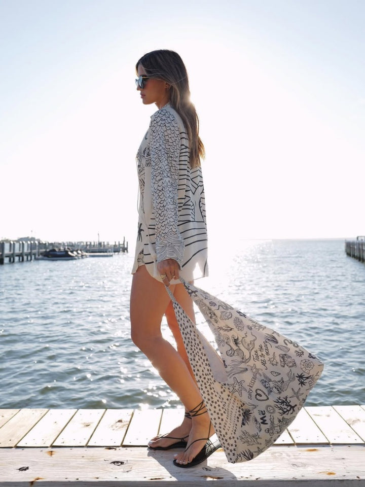 Nautical Print Oversized Shirt &amp; Shorts Set | Satin Beach Cover-Up 2-Piece