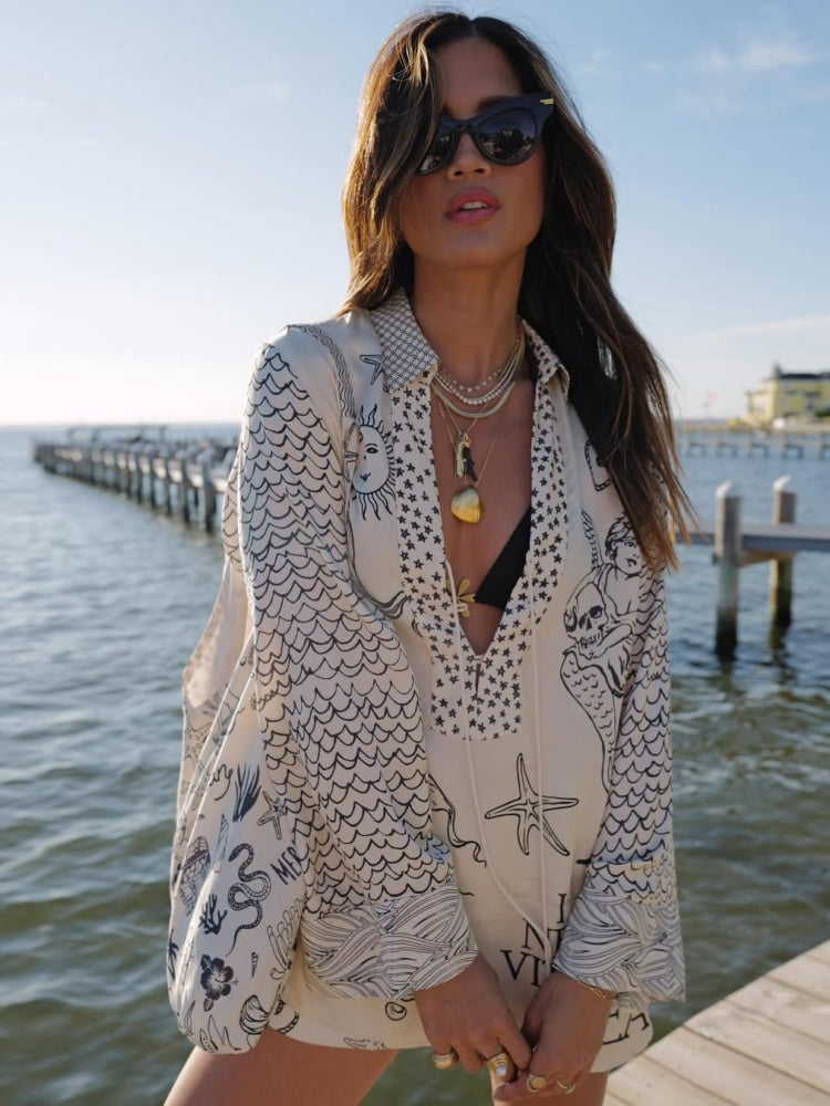 Nautical Print Oversized Shirt &amp; Shorts Set | Satin Beach Cover-Up 2-Piece