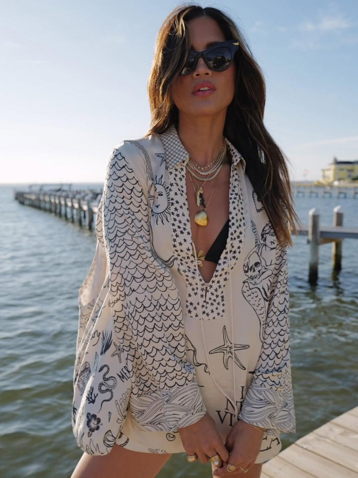 Nautical Print Oversized Shirt &amp; Shorts Set | Satin Beach Cover-Up 2-Piece