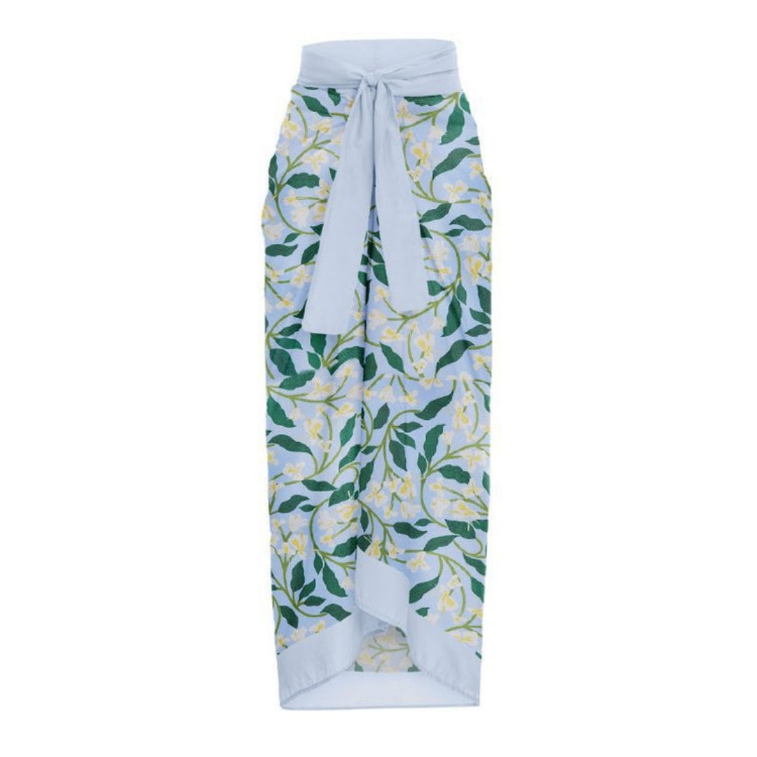 Ruffled Strap Square Neck Printed One Piece Swimsuit &amp; Wrap Skirt Set
